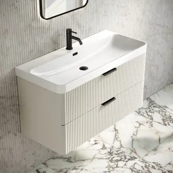Cadiz Fluted Linen White Wall Hung Basin Drawer Vanity 1000mm - Black Accents