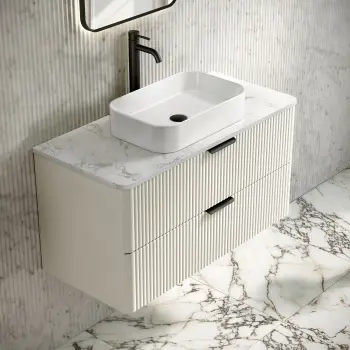 Cadiz Fluted Linen White Wall Hung Drawer Vanity with Marble Top 1000mm (Excludes Basin) - Black Accents