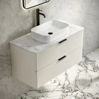 Cadiz Fluted Linen White Wall Hung Drawer Vanity with Marble Top & Marin Basin 1000mm - Black Accents