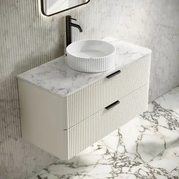 Cadiz Fluted Linen White Wall Hung Drawer Vanity with Marble Top & Nevis Basin 1000mm - Black Accents