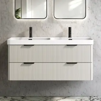 Cadiz Fluted Linen White Wall Hung Double Basin Drawer Vanity 1200mm - Black Accents