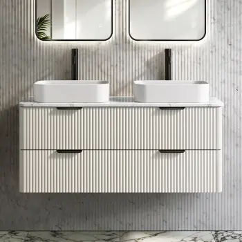 Cadiz Fluted Linen White Double Wall Hung Drawer Vanity with Marble Top & Marin Basin 1200mm - Black Accents