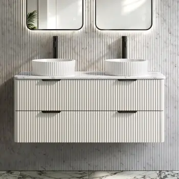 Cadiz Fluted Linen White Double Wall Hung Drawer Vanity with Marble Top & Nevis Basin 1200mm - Black Accents
