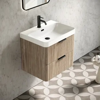 Cadiz Fluted Apex Oak Wall Hung Basin Drawer Vanity 600mm - Black Accents