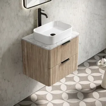 Cadiz Fluted Apex Oak Wall Hung Drawer Vanity with Marble Top 600mm (Excludes Basin) - Black Accents