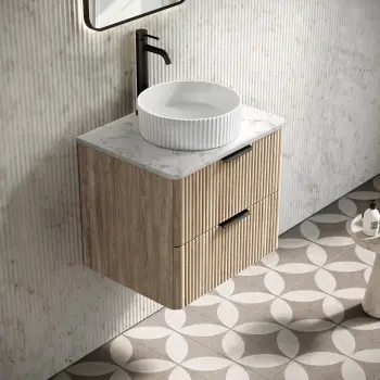 Cadiz Fluted Apex Oak Wall Hung Drawer Vanity with Marble Top & Nevis Basin 600mm - Black Accents