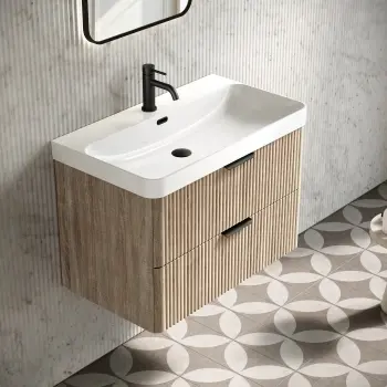 Cadiz Fluted Apex Oak Wall Hung Basin Drawer Vanity 800mm - Black Accents