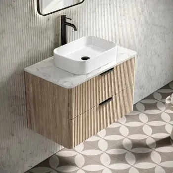 Cadiz Fluted Apex Oak Wall Hung Drawer Vanity with Marble Top 800mm (Excludes Basin) - Black Accents