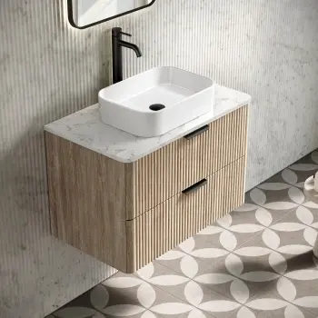 Cadiz Fluted Apex Oak Wall Hung Drawer Vanity with Marble Top & Marin Basin 800mm - Black Accents