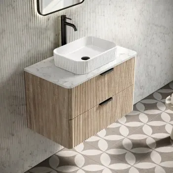 Cadiz Fluted Apex Oak Wall Hung Drawer Vanity with Marble Top & Reno Basin 800mm - Black Accents
