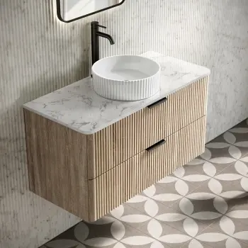 Cadiz Fluted Apex Oak Wall Hung Drawer Vanity with Marble Top & Nevis Basin 1000mm - Black Accents