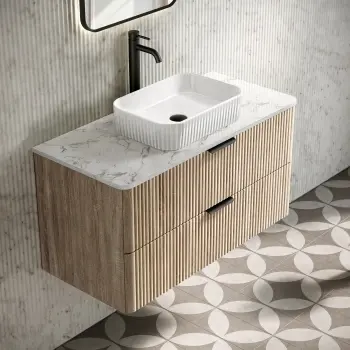 Cadiz Fluted Apex Oak Wall Hung Drawer Vanity with Marble Top & Reno Basin 1000mm - Black Accents