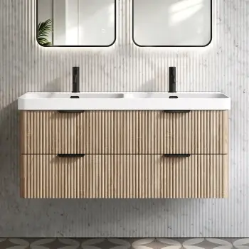 Cadiz Fluted Apex Oak Wall Hung Double Basin Drawer Vanity 1200mm - Black Accents