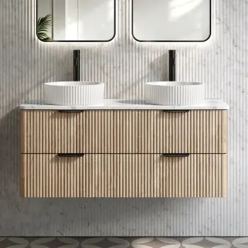 Cadiz Fluted Apex Oak Double Wall Hung Drawer Vanity with Marble Top & Nevis Basin 1200mm - Black Accents
