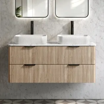 Cadiz Fluted Apex Oak Double Wall Hung Drawer Vanity with Marble Top & Reno Basin 1200mm - Black Accents