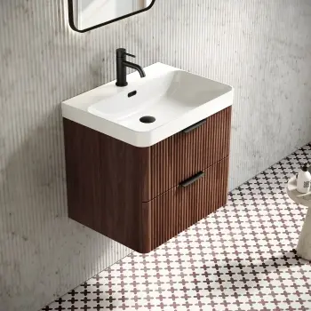 Cadiz Fluted Apex Walnut Wall Hung Basin Drawer Vanity 600mm - Black Accents