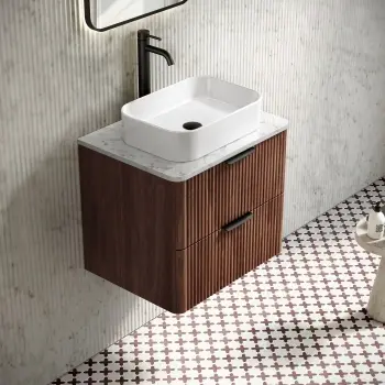 Cadiz Fluted Apex Walnut Wall Hung Drawer Vanity with Marble Top 600mm (Excludes Basin) - Black Accents