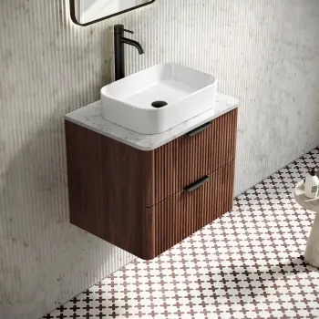 Cadiz Fluted Apex Walnut Wall Hung Drawer Vanity with Marble Top & Marin Basin 600mm - Black Accents