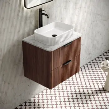 Cadiz Fluted Apex Walnut Wall Hung Drawer Vanity with Marble Top & Reno Basin 600mm - Black Accents