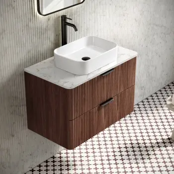 Cadiz Fluted Apex Walnut Wall Hung Drawer Vanity with Marble Top 800mm (Excludes Basin) - Black Accents