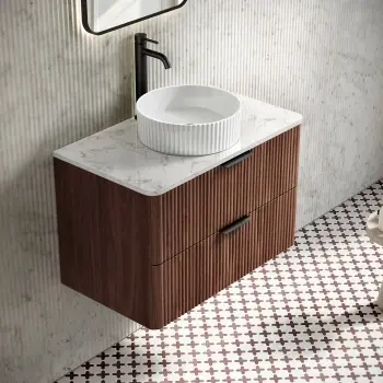 Cadiz Fluted Apex Walnut Wall Hung Drawer Vanity with Marble Top & Nevis Basin 800mm - Black Accents