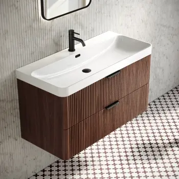 Cadiz Fluted Apex Walnut Wall Hung Basin Drawer Vanity 1000mm - Black Accents