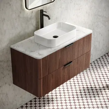 Cadiz Fluted Apex Walnut Wall Hung Drawer Vanity with Marble Top & Marin Basin 1000mm - Black Accents