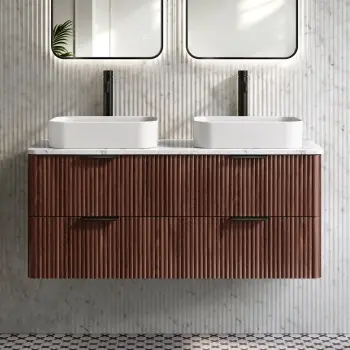 Cadiz Fluted Apex Walnut Double Wall Hung Drawer Vanity with Marble Top 1200mm (Excludes Basin) - Black Accents