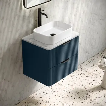 Cadiz Fluted Navy Blue Wall Hung Drawer Vanity with Marble Top 600mm (Excludes Basin) - Black Accents