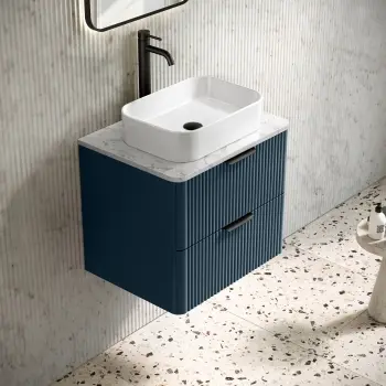 Cadiz Fluted Navy Blue Wall Hung Drawer Vanity with Marble Top & Marin Basin 600mm - Black Accents