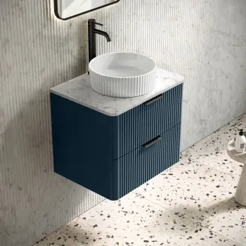 Cadiz Fluted Navy Blue Wall Hung Drawer Vanity with Marble Top & Nevis Basin 600mm - Black Accents