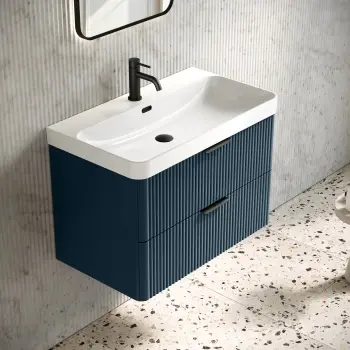 Cadiz Fluted Navy Blue Wall Hung Basin Drawer Vanity 800mm - Black Accents