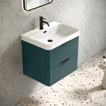 Cadiz Fluted Mystic Green Wall Hung Basin Drawer Vanity 600mm - Black Accents