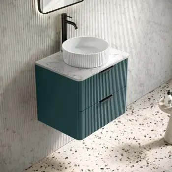 Cadiz Fluted Mystic Green Wall Hung Drawer Vanity with Marble Top & Nevis Basin 600mm - Black Accents
