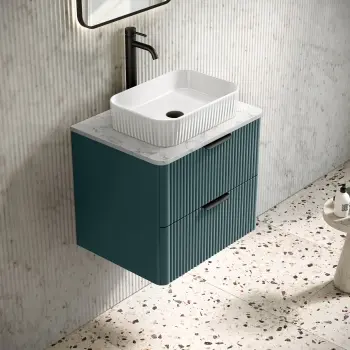 Cadiz Fluted Mystic Green Wall Hung Drawer Vanity with Marble Top & Reno Basin 600mm - Black Accents