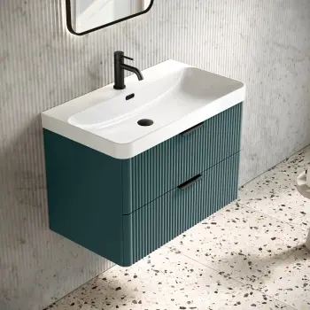 Cadiz Fluted Mystic Green Wall Hung Basin Drawer Vanity 800mm - Black Accents