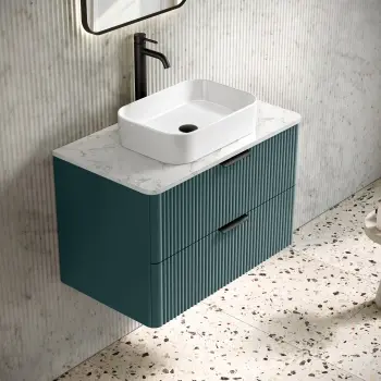 Cadiz Fluted Mystic Green Wall Hung Drawer Vanity with Marble Top 800mm (Excludes Basin) - Black Accents
