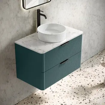 Cadiz Fluted Mystic Green Wall Hung Drawer Vanity with Marble Top & Nevis Basin 800mm - Black Accents