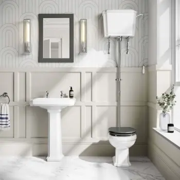 Hudson Traditional High-Level Toilet With Graphite Grey Seat & Pedestal Basin - Double Tap Hole