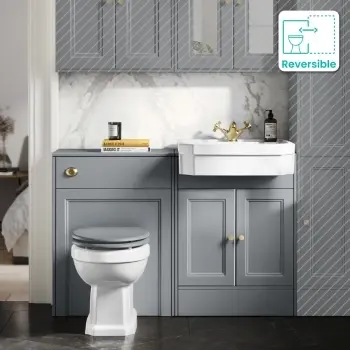 Monaco Dove Grey Combination Vanity Traditional Basin and Hudson Toilet with Wooden Seat 1200mm - Brushed Brass Accents