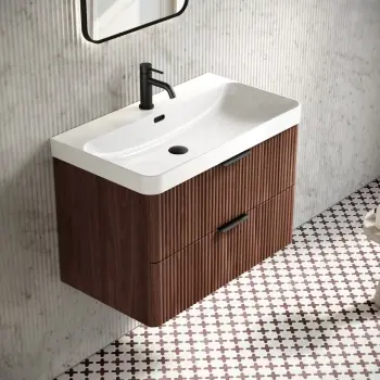 Cadiz Fluted Apex Walnut Wall Hung Basin Drawer Vanity 800mm - Black Accents