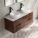 Cadiz Fluted Apex Walnut Double Wall Hung Drawer Vanity with Marble Top & Nevis Basin 1200mm - Black Accents