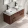 Cadiz Fluted Apex Walnut Double Wall Hung Drawer Vanity with Marble Top & Reno Basin 1200mm - Black Accents