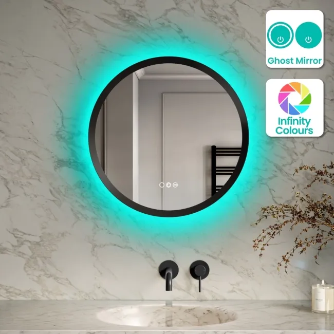 Isabel Matt Black Round RGB LED Mirror with Ghost Technology 600mm