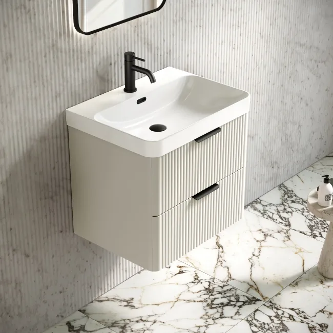 Cadiz Fluted Linen White Wall Hung Basin Drawer Vanity 600mm - Black Accents
