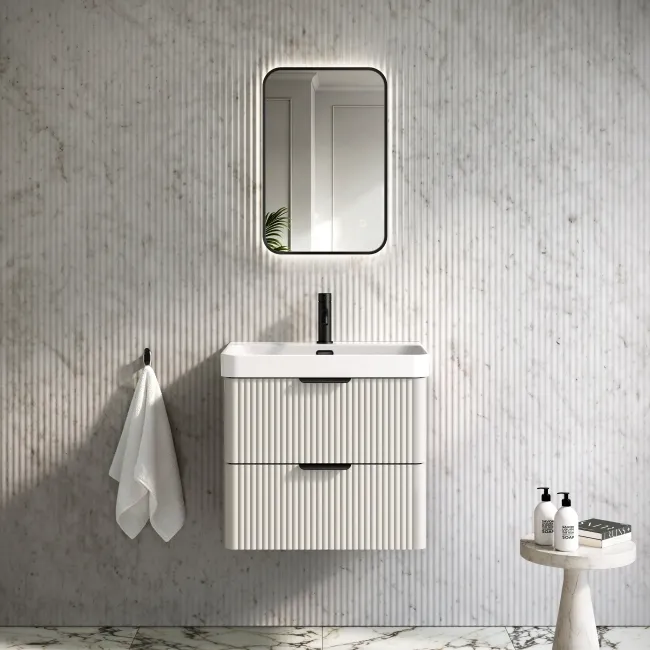 Cadiz Fluted Linen White Wall Hung Basin Drawer Vanity 600mm - Black Accents
