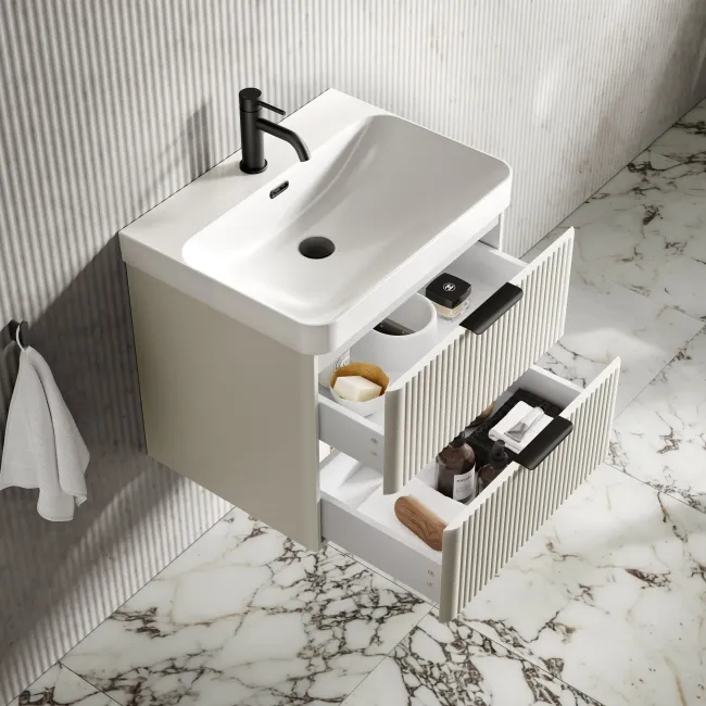 Cadiz Fluted Linen White Wall Hung Basin Drawer Vanity 600mm - Black Accents