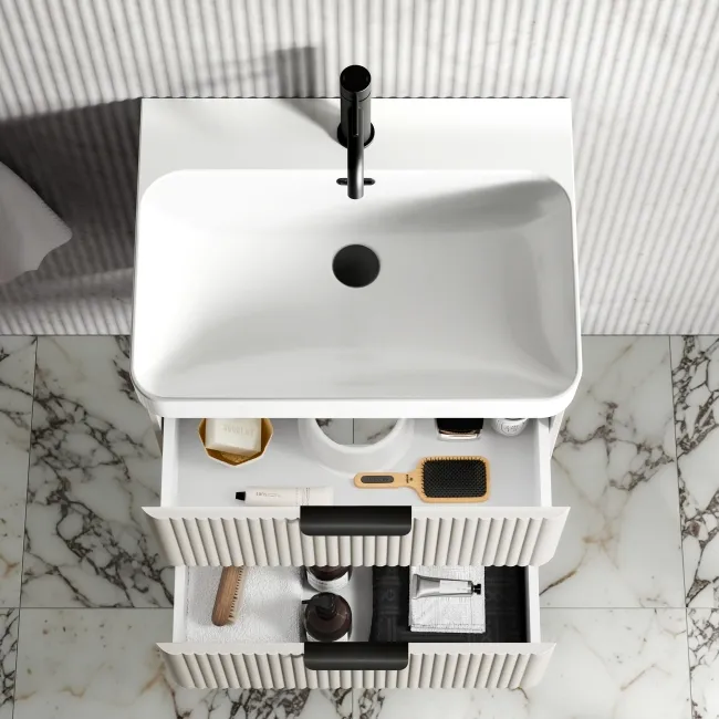 Cadiz Fluted Linen White Wall Hung Basin Drawer Vanity 600mm - Black Accents