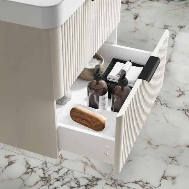 Cadiz Fluted Linen White Wall Hung Basin Drawer Vanity 600mm - Black Accents