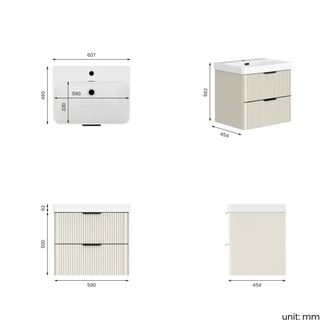 Cadiz Fluted Linen White Wall Hung Basin Drawer Vanity 600mm - Black Accents